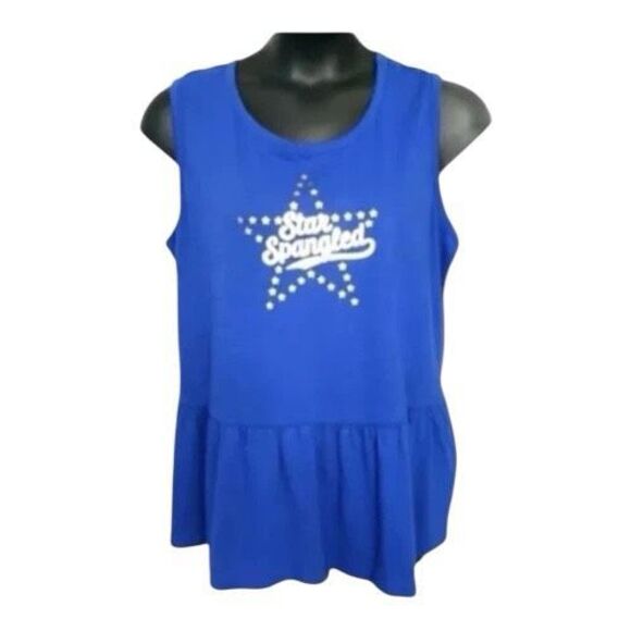 Lane Bryant Blue Tank Top Plus Size 18-20 Sleeveless Peplum STAR SPANGLED Cotton - Picture 8 of 9